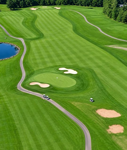 Aerial view of a fairway, green and sand bunkers on The Links golf course at The VUE in Hamden, CT