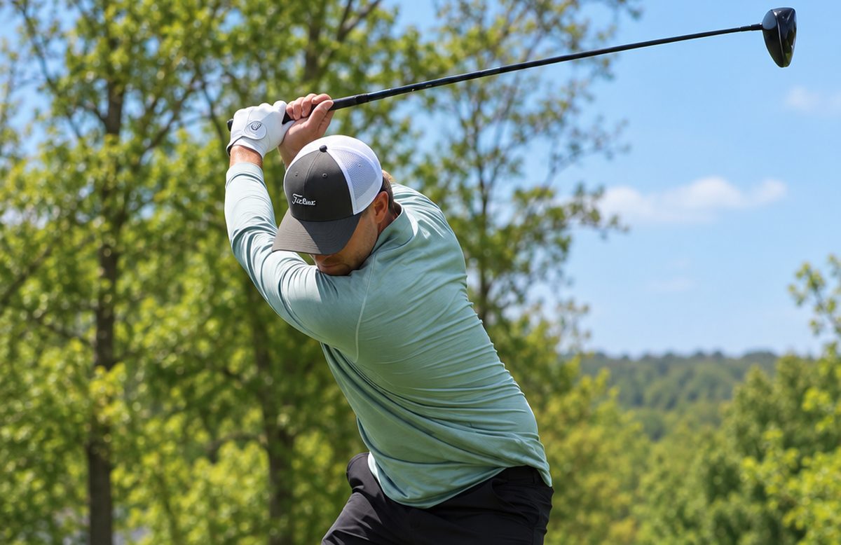 Golfer at the top of his backswing with a driver on the tee at The VUE